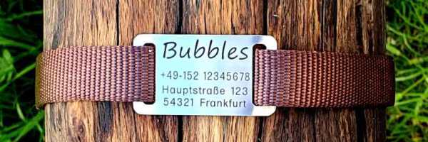 Edelstahl-Plakette für flache Halsbänder mit Breite 18-22 mm, 15,00 €.