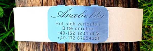 Edelstahl-Plakette für Lederhalsbänder mit Breite 33-36 mm, 20,00 €.