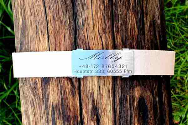Edelstahl-Plakette für Lederhalsbänder mit Breite 18-21 mm, 17,00 €.