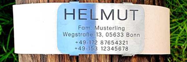 Edelstahl-Plakette für Lederhalsbänder mit Breite 38-41 mm, 21,00 €.