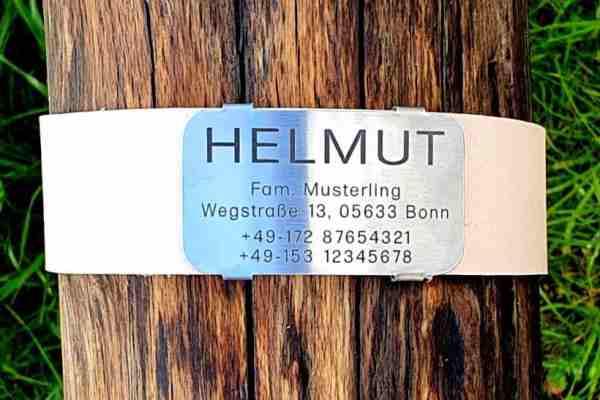 Edelstahl-Plakette für Lederhalsbänder mit Breite 38-41 mm, 21,00 €.