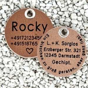 Leder-Hundemarke dunkel, 40 mm, beidseitig (Wasserbüffel)